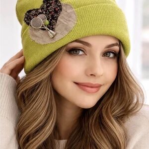 Lime Green Knit Beanie with Heart Patch
